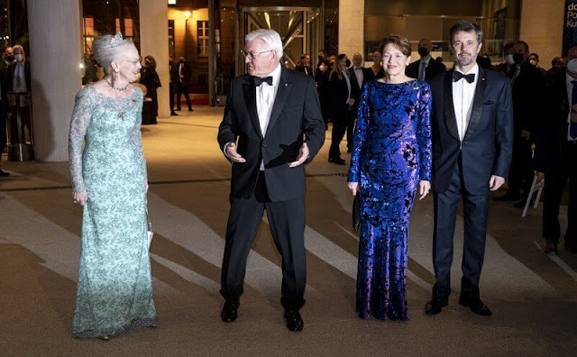 Queen Margrethe wore a green lace gown, diamond tiara, necklace. President Frank-Walter Steinmeier and Elke Büdenbender
