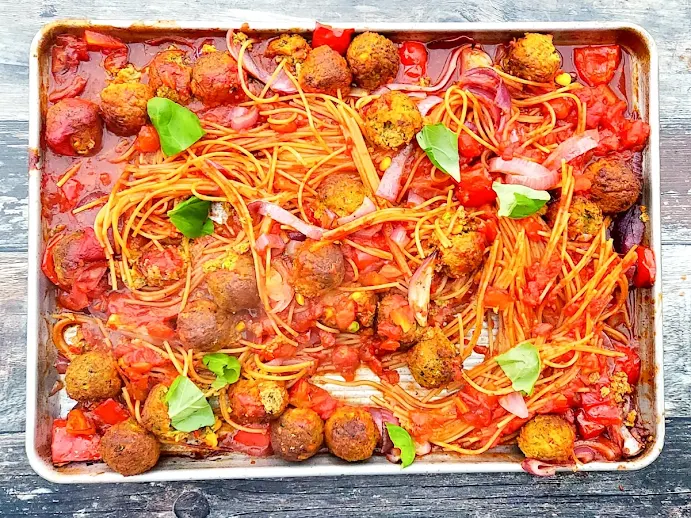 One-Pot Vegan Meatball Spaghetti Bake