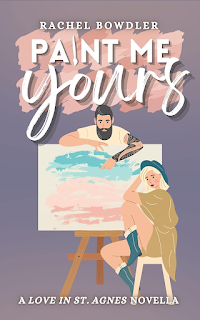 A cozy art gallery with ocean views in the charming Cornish town of St. Agnes. A man and woman stand amidst colorful paintings, their expressions hinting at playful tension. (Paint Me Yours: A Contemporary Romance by Rachel Bowdler)