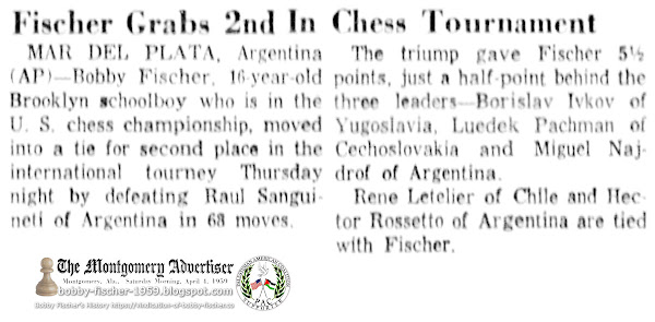 Fischer Grabs 2nd In Chess Tournament