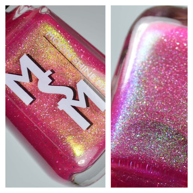 pink nail polish with color shifting shimmer in a bottle