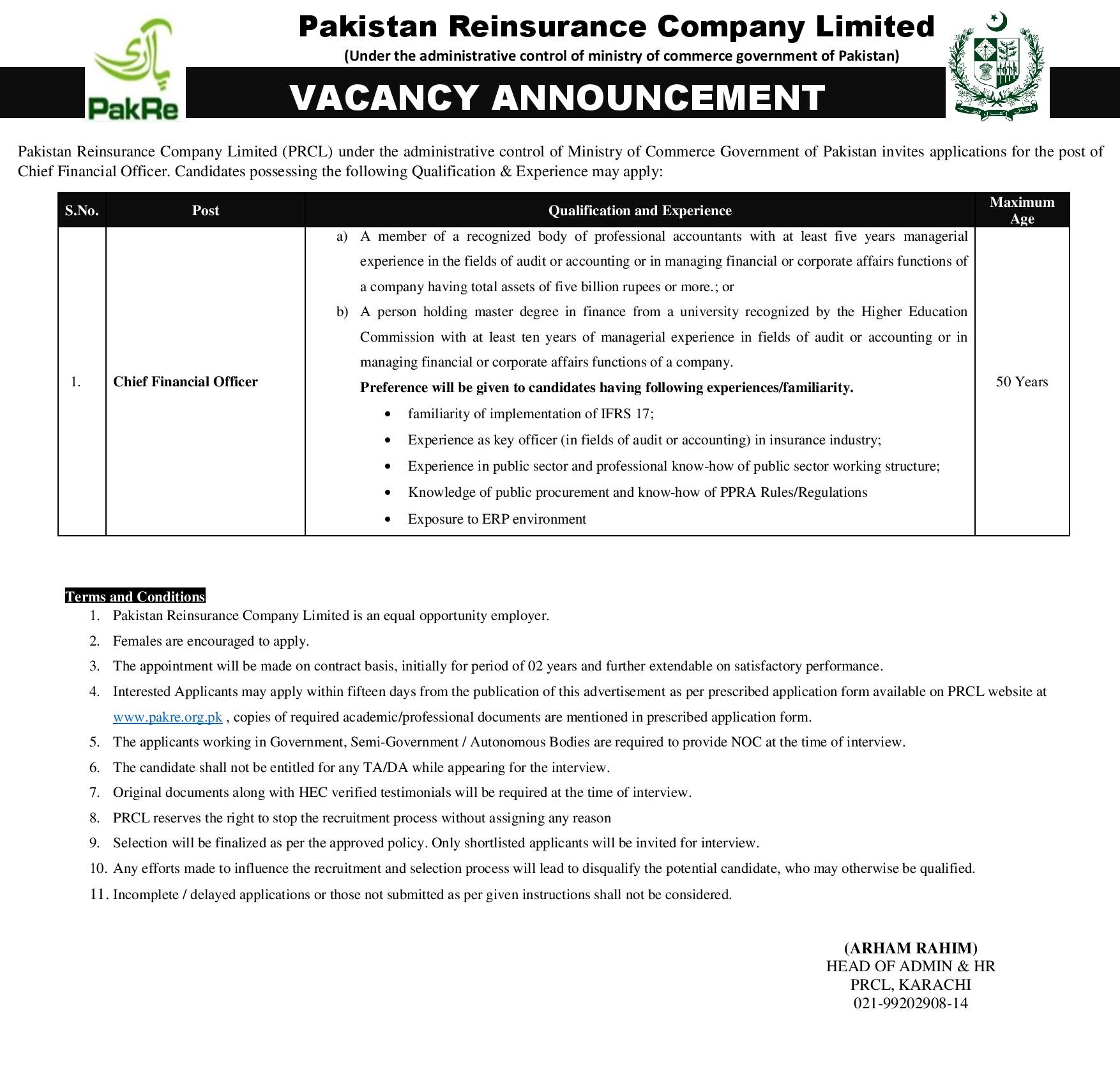 Pakistan Reinsurance Company Limited PRCL Jobs 2021