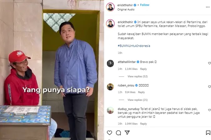 Heran! Toilet di SPBU Harus Bayar, Erick Thohir: Ini Kan Fasilitas Umum, Harusnya Gratis