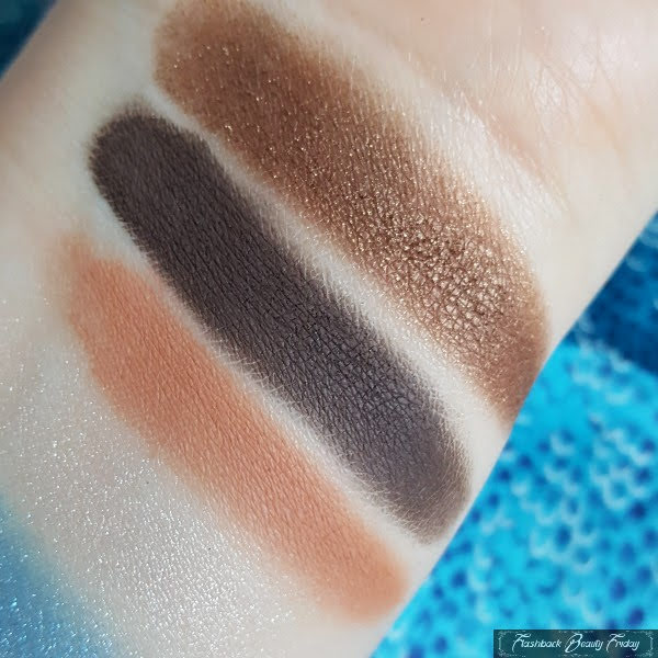 swatches of MAC eyeshadow close up on arm in shades, Create Your Own Luck, Free Spirit and What's Your Number?