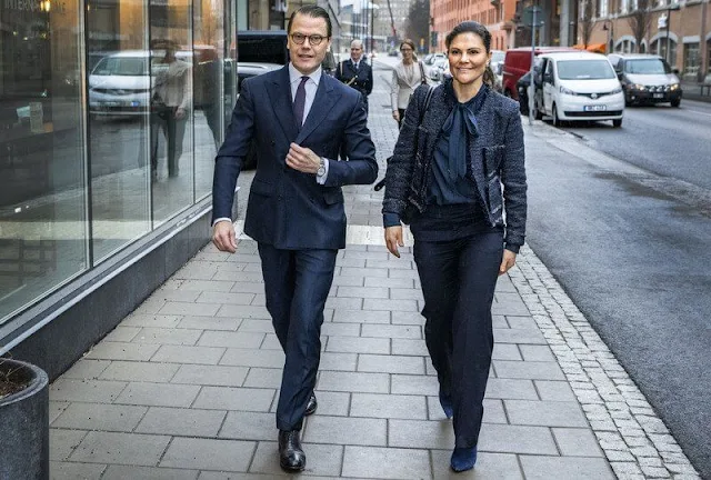 Crown Princess Victoria wore a black and navy tweed jacket from Maruschka de Margò, and navy silk blouse and navy trousers