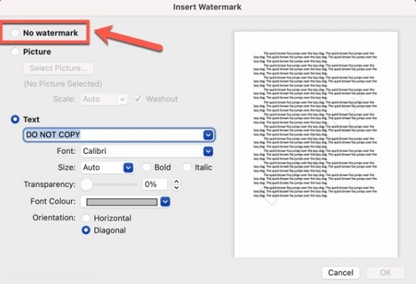 إزالة نص العلامة المائية في Mac OS Word