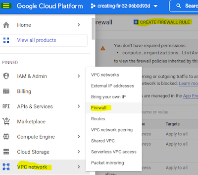 GCP firewall port,  Create  a narrow-scope firewall rule for instance-2. Create a firewall rule that will only allow ICMP traffic to my "instance-2", while also only allowing traffic from subnet-a as the source.  Go to firewall menu and create a new rule  ( From top -left menu, scroll down to vPC network, then click on firewall rules from the sub menu)