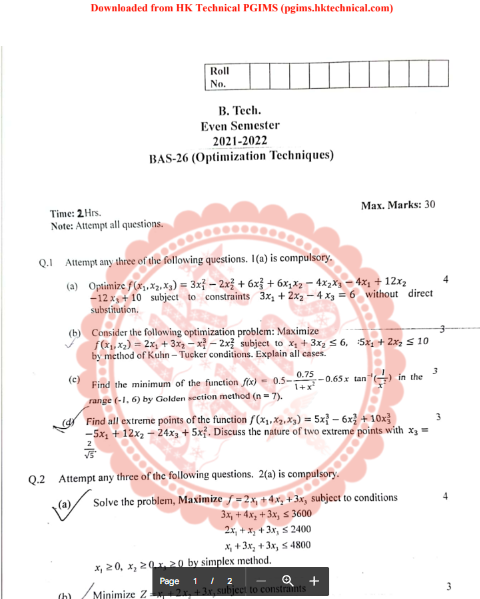 Optimization Techniques 4th Semester B.Tech Previous Year's Question Paper,Optimization Techniques,Previous Year's Question Papers,B.Tech,B.Tech 4th Semester,