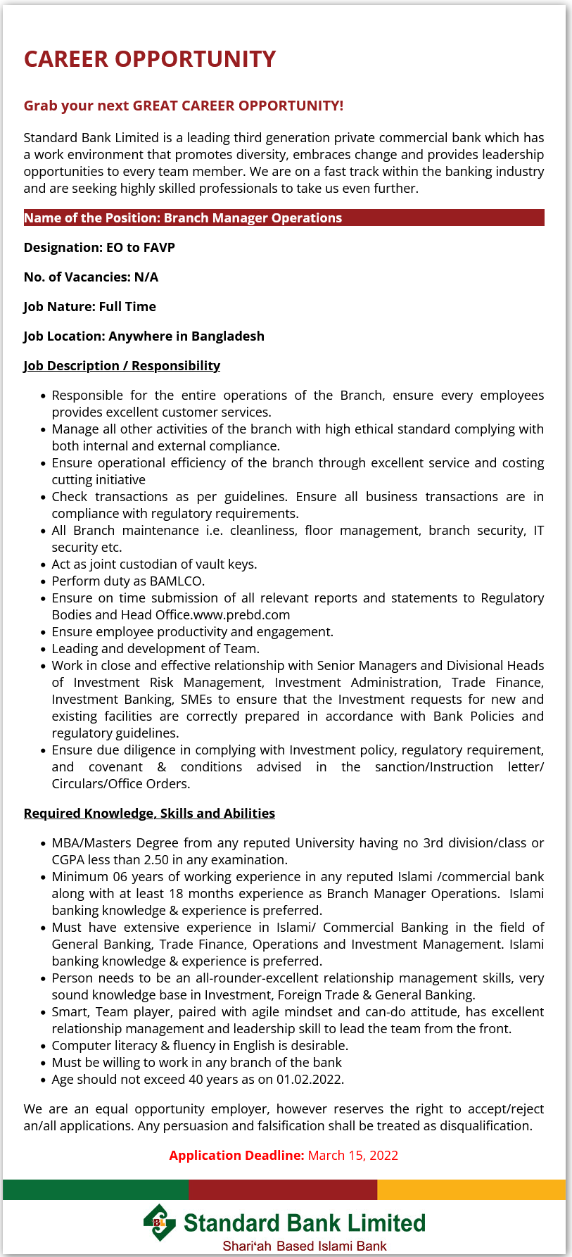 Standard Bank Limited Job Circular 2022- Apply online