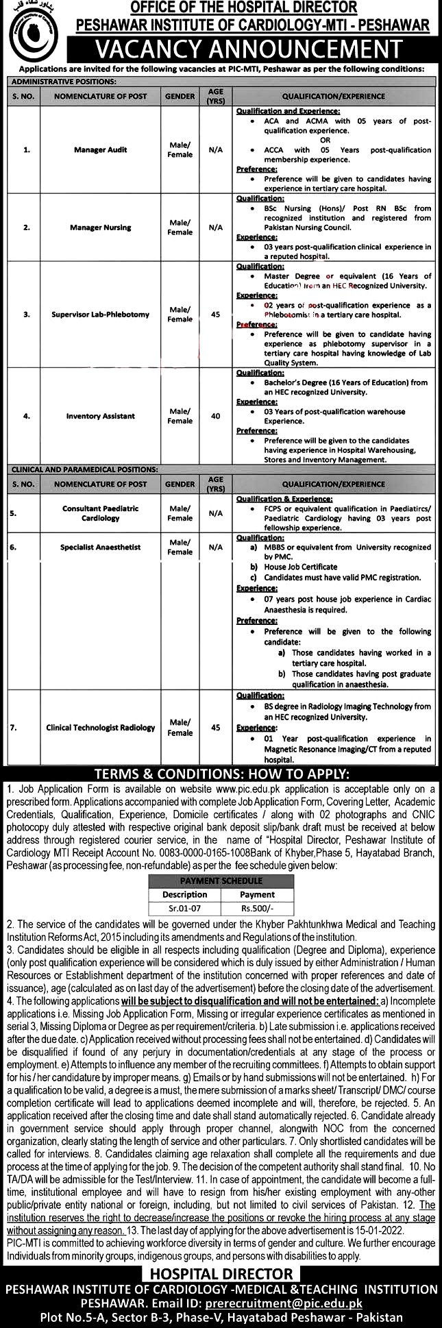 Peshawar Institute of Cardiology PIC New Jobs 2022 – Application FormPeshawar Institute of Cardiology PIC New Jobs 2022 – Application Form