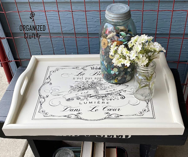 Photo of a rectangular tray upcycled with chalk paint & a decor transfer.