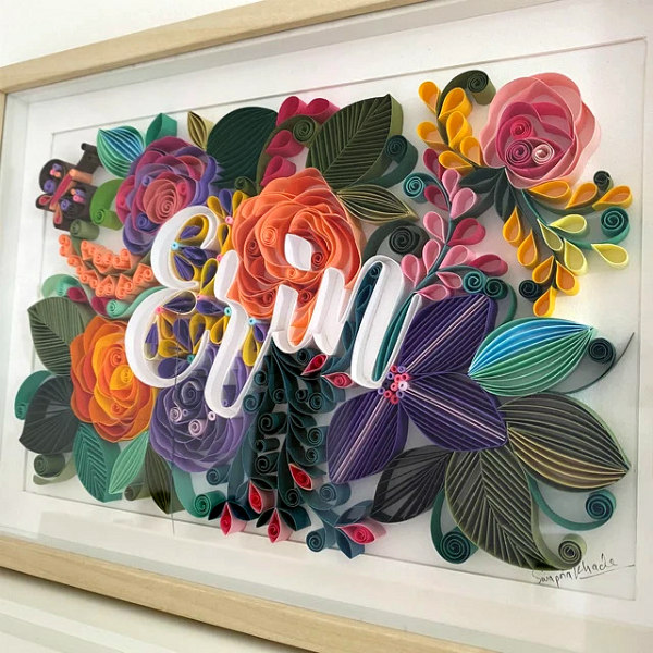 framed custom quilled on-edge paper art features floral pattern with embedded name Erin Erin