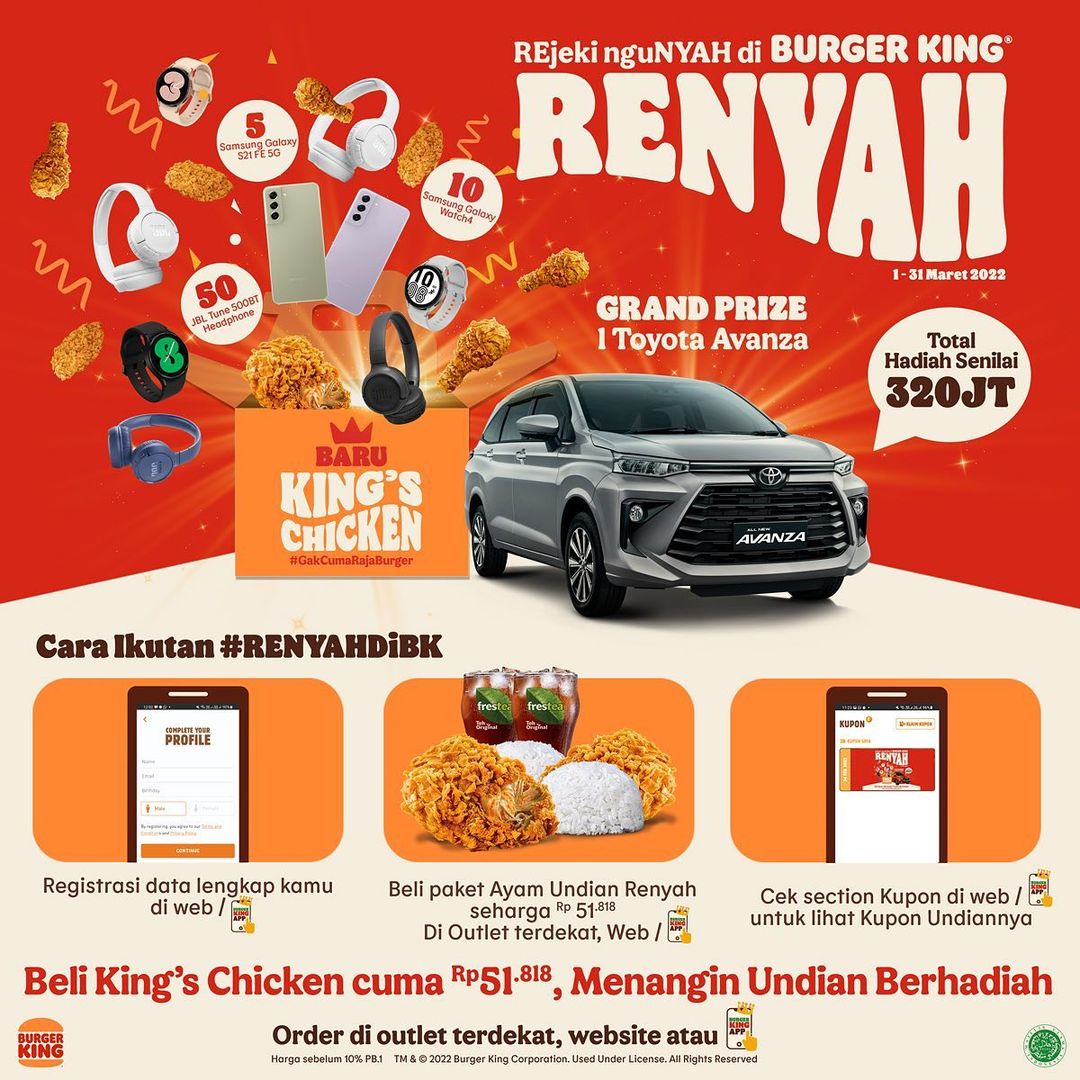 Promo Paket Ayam Undian Renyah 51 Ribu di Burger Kings Dapat Mobil Hanphone Galaxy Watch (s.d 31 Maret 2022)