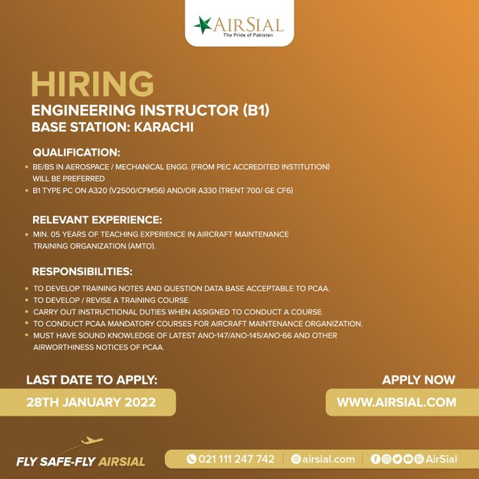 AirSial Limited Jobs Engineering Instructor B1