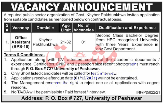 Govt Job in KPK  2021 – Public Sector Organization Job Advertisement 2021