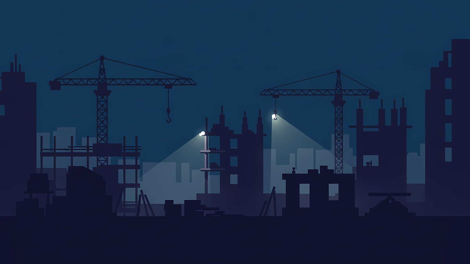 A dark cityscape with construction cranes and buildings under construction at night, ideal as a cool wallpaper for laptop.