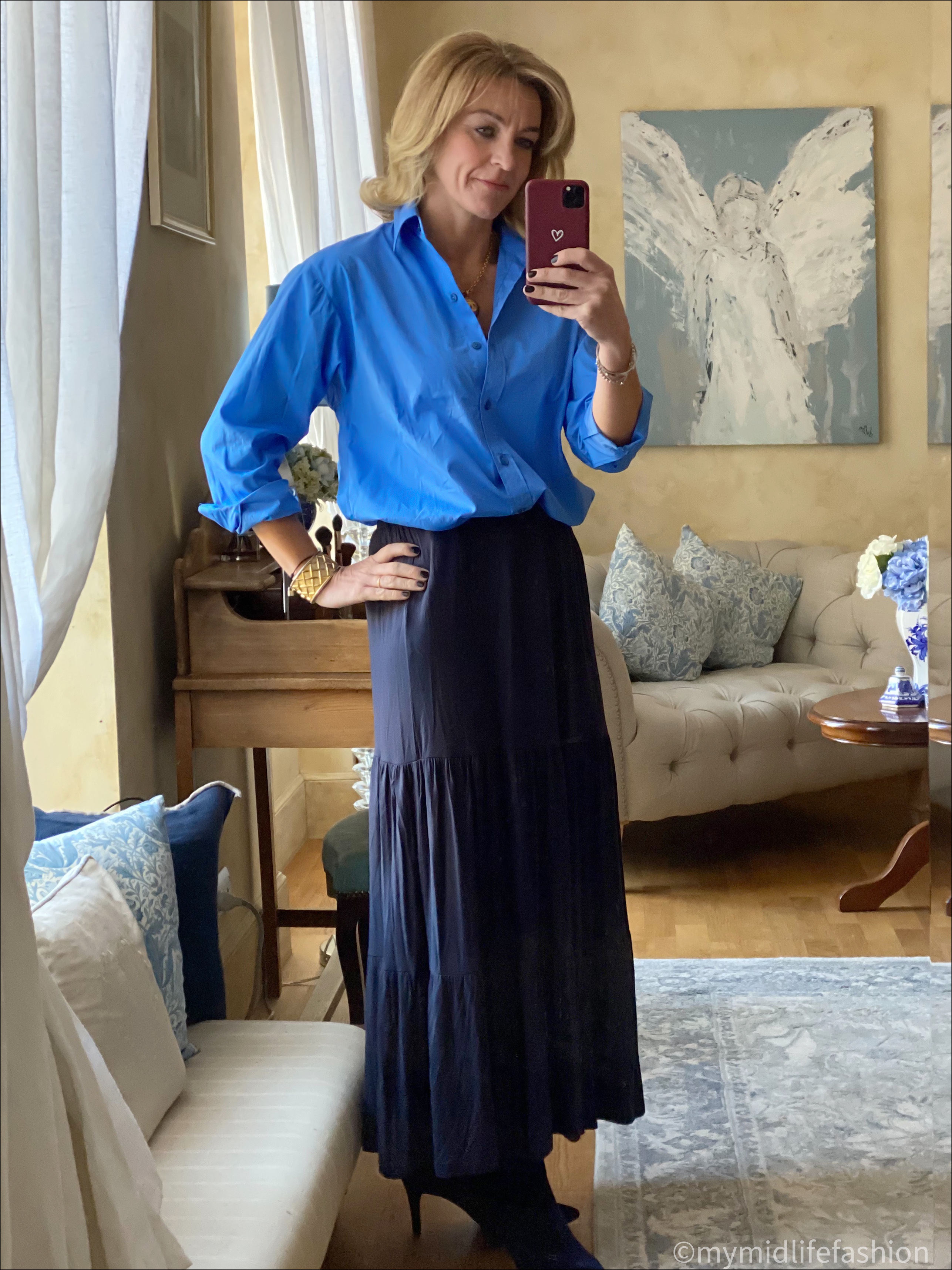 my midlife fashion, Massimo Dutti oversized shirt, saint and Sofia greenwich skirt, marks and Spencer stiletto heel ankle boots