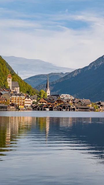 Wallpaper Lake, Houses, Village, Mountains, Scenery