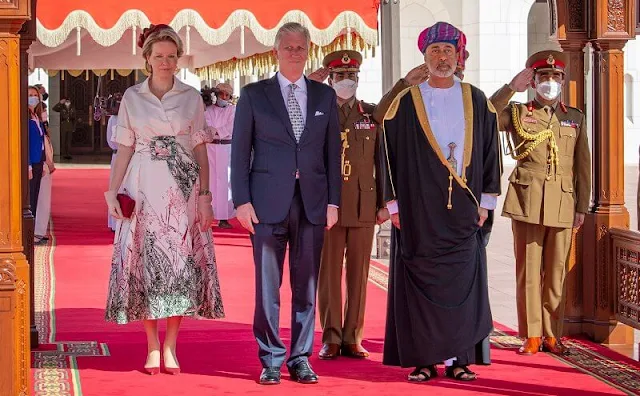 Queen Mathilde wore a Geisha printed taffeta dress from Natan. Sultan of Oman Haitham bin Tariq. Expo 2020