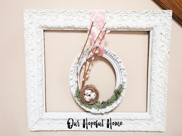 two white frames spring wreath birds nest pussy willows