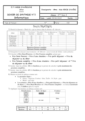 فرض  تأليفي 2 اعلامية سنة 9 الثلاثي الثاني مع الاصلاح pdf  , devoir de Synthèse 2 informatique 9ème année  avec correction pdf trimestre 2