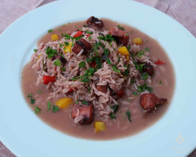 Arroz de pota com pimentos na slow cooker