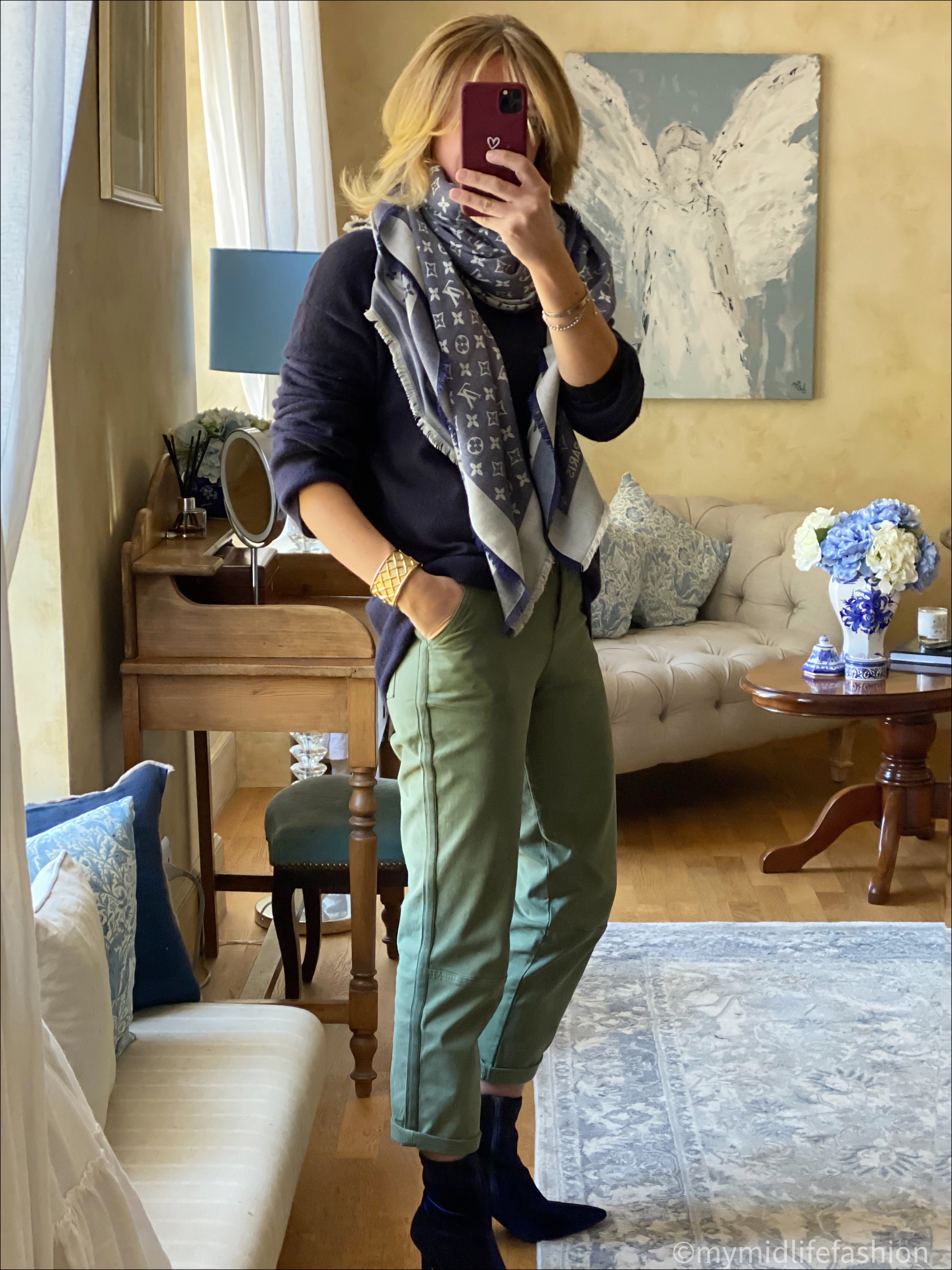 my midlife fashion, baukjen easter organic cargo trousers, Louis Vuitton monogrammed scarf, h and m cashmere jumper, marks and Spencer stiletto heel ankle boots