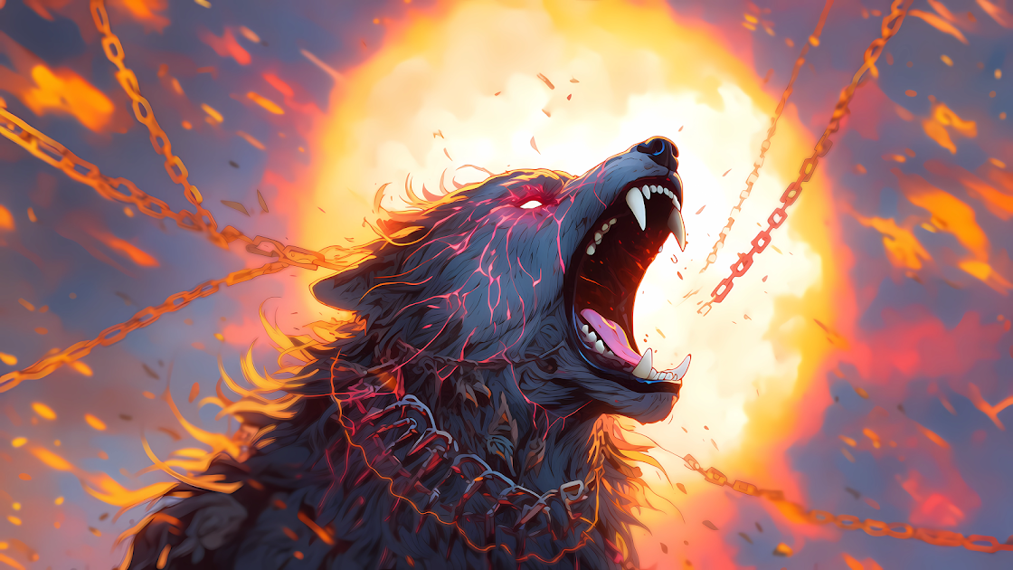 An intense illustration of a wolf breaking free with a fiery explosion in the background, perfect for a powerful desktop wallpaper.

