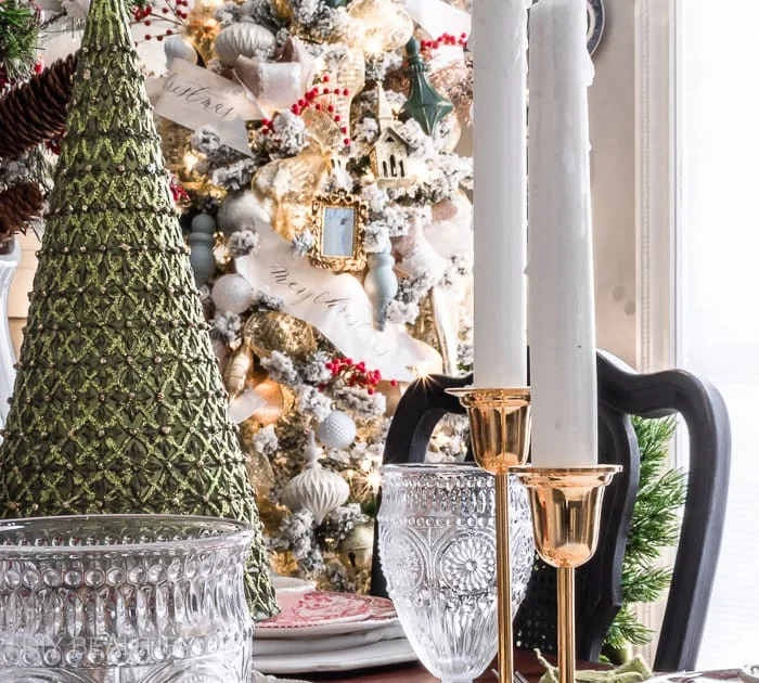 green and gold Christmas dining room table and tree