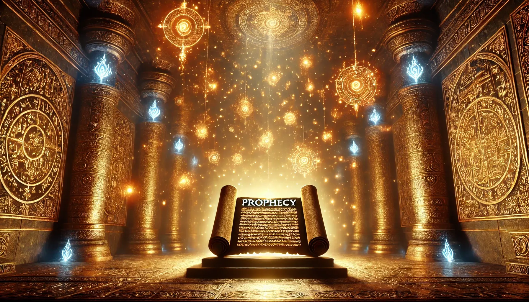 A mystical temple with glowing ancient writings on the walls, revealing a prophecy