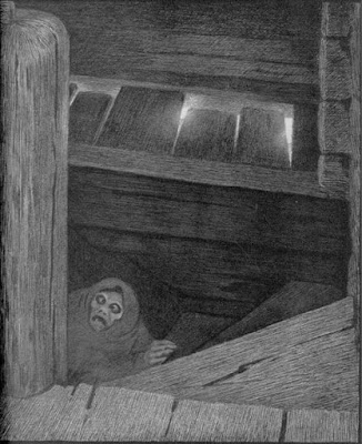 An image of an old figure's face at the bottom of a wooden stair case