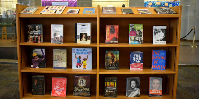 Women's History Month book display on the first floor of the Central Library