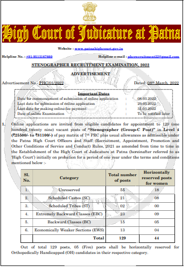 Patna High Court (PHC ) Stenographer Recruitment 2022 Apply Online
