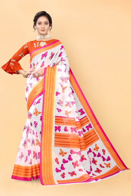 White and Orange Cotton Printed Casual Saree