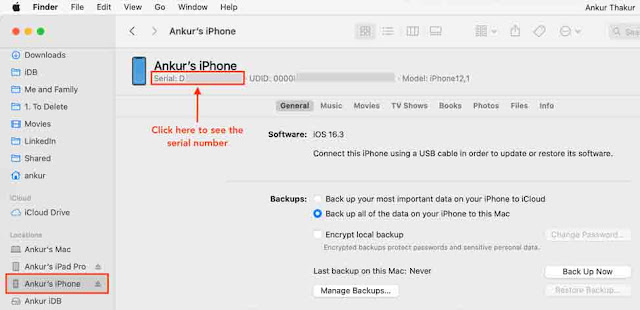 انظر الرقم التسلسلي لـ iPhone في Finder على جهاز Mac