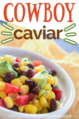 cowboy caviar in a white bowl with text overlay