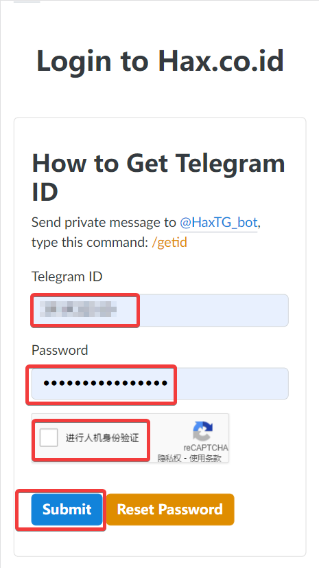 Hax login your account input your telegram ID and password