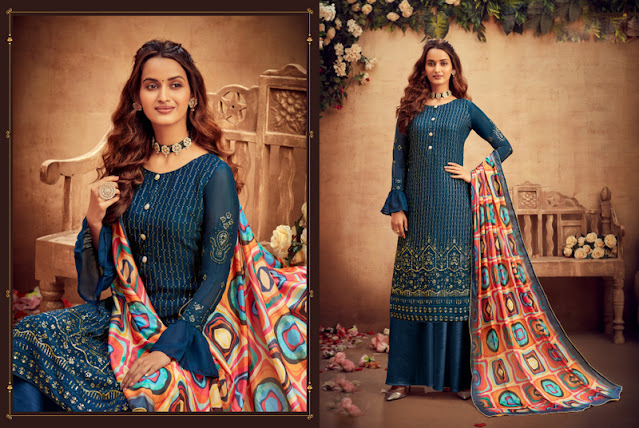 Blue Pure Viscose Embroidered Work Palazzo Suit