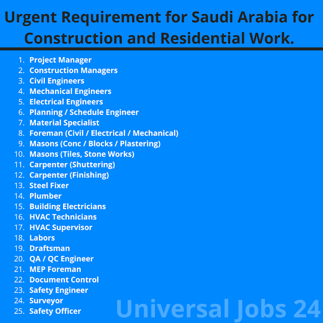 Urgently Required for Saudi Arabia for Construction and Residential Work