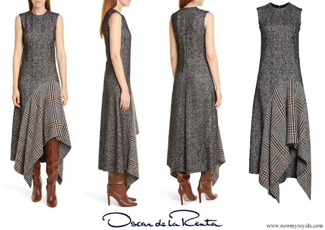 Queen Maxima wore OSCAR DE LA RENTA Asymmetrical Flannel Tweed Midi Dress