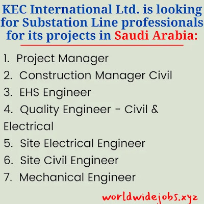 KEC International Ltd. is looking for Substation Line professionals 220kv / 380 kV for its projects in Saudi Arabia: