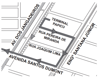 Devido às obras que estão ocorrendo no entorno do terminal de ônibus Papicu, os ônibus que percorriam o trajeto pontilhado indicado na figura estão sendo obrigados a fazer o desvio pela rua Pereira de Miranda, seguindo o trajeto indicado por uma linha contínua.