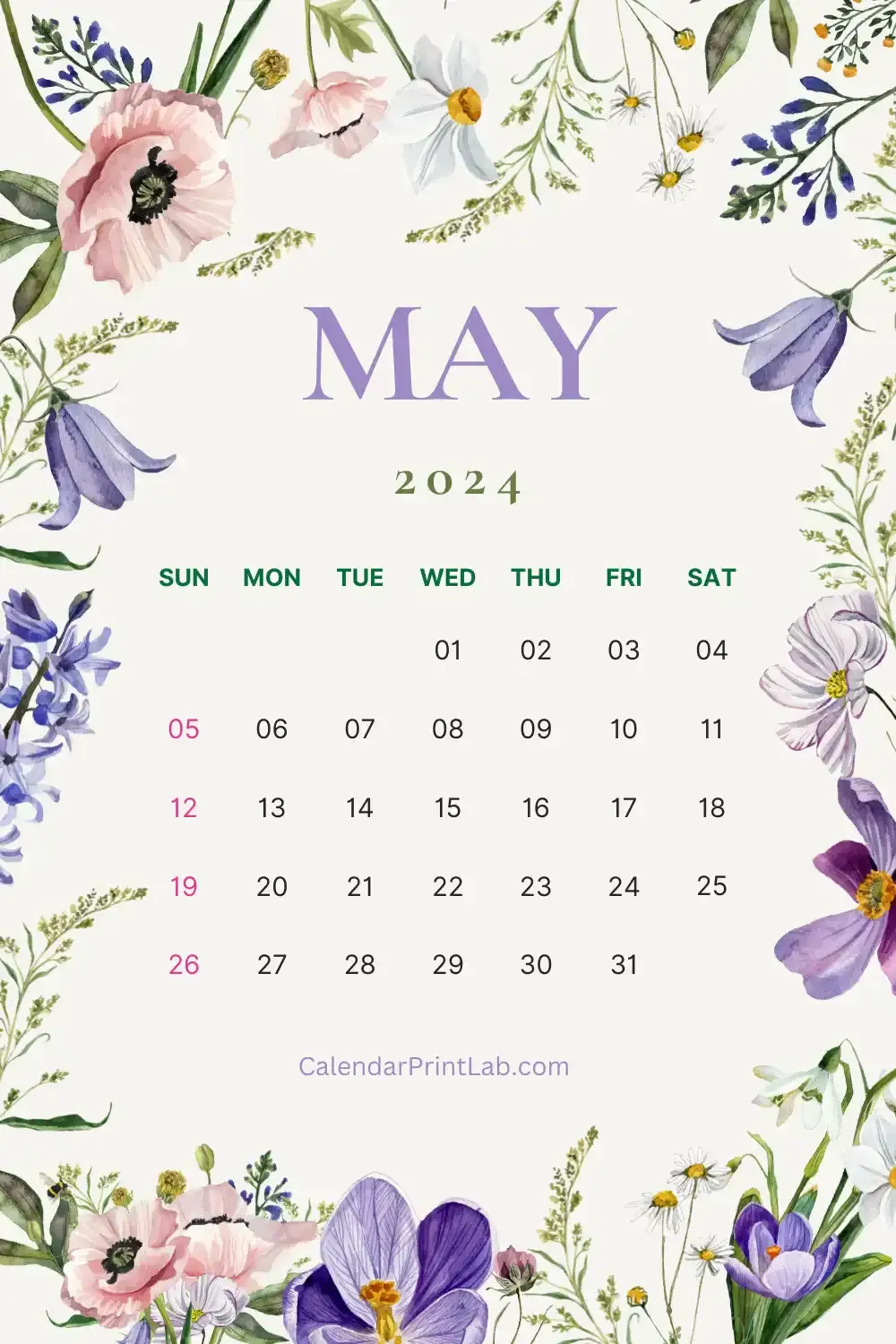 May 2024 Violet Floral Calendar