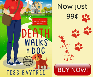 Ad for "Death Walks a Dog" with bloody paw prints