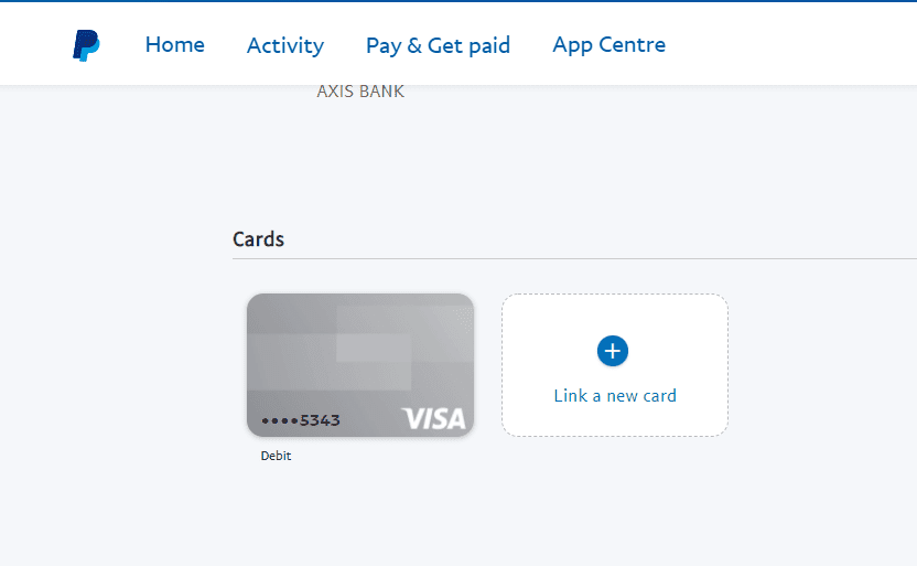 Money page in PayPal to add gift card