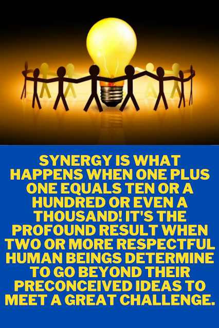 Synergy is what happens when one plus one equals ten or a hundred or even a thousand! It's the profound result when two or more respectful human beings determine to go beyond their preconceived ideas to meet a great challenge.