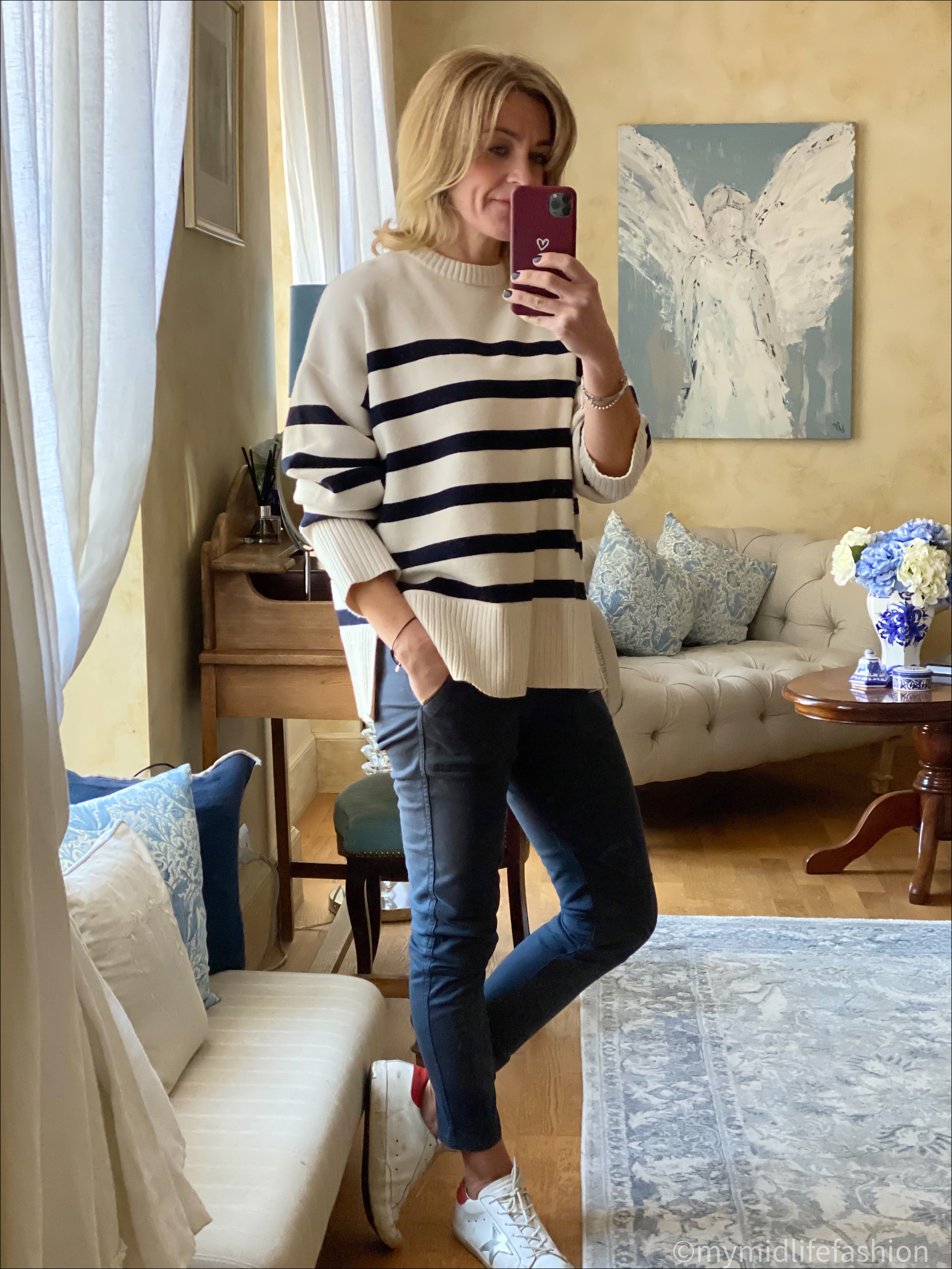 my midlife fashion, baukjen Oralie organic cargo pants, Zara oversized stripe jumper, golden goose superstar low top leather trainers