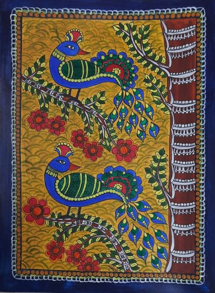 madhubani painting peacocks on tree