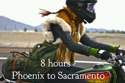 A woman rides a motorcycle through a prairie landscape with the caption 8 hours Phoenix to Sacramento