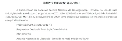 Imagem de extrato da CTNBio sobre cana do CTC